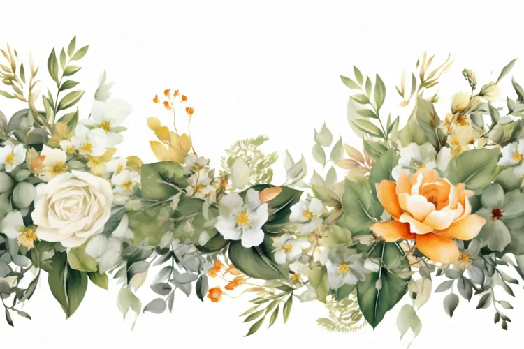 Watercolor Floral Background with White Flowers on White BG