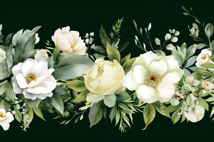 Watercolor Floral Background with White Flowers on Dark BG