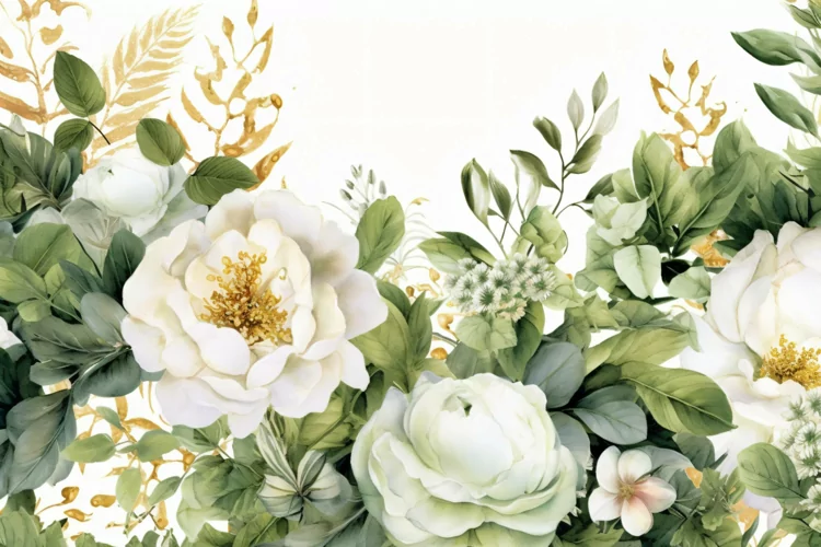 Watercolor Floral Background with White Flowers on White BG