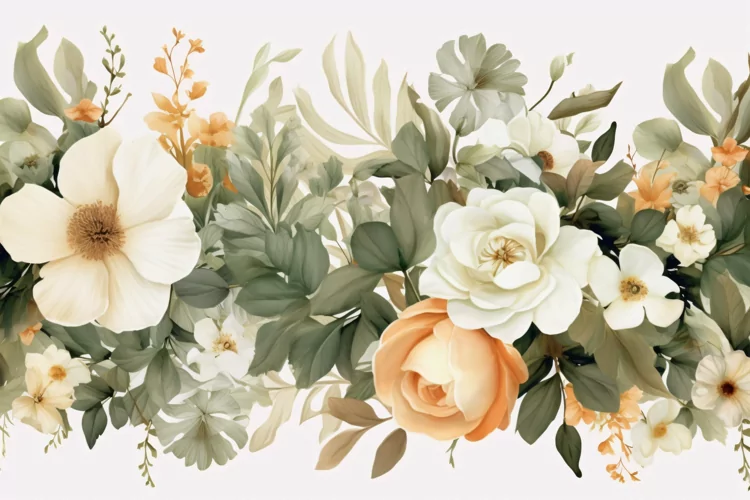 Watercolor Floral Background with White Flowers on White BG