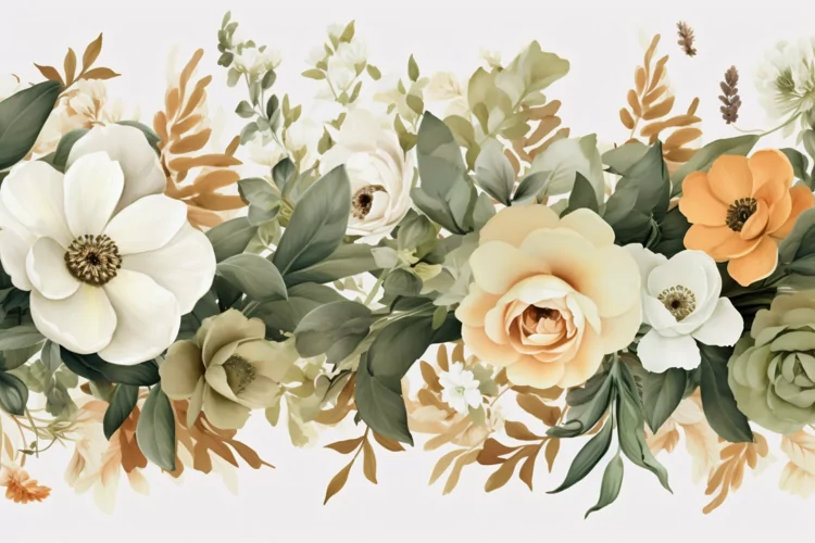 Watercolor Floral Background with White Flowers on White BG