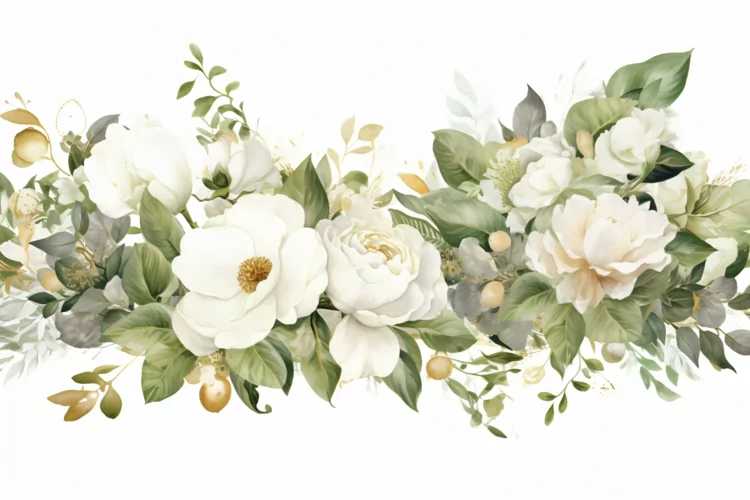 Watercolor Floral Background with White Flowers on White BG