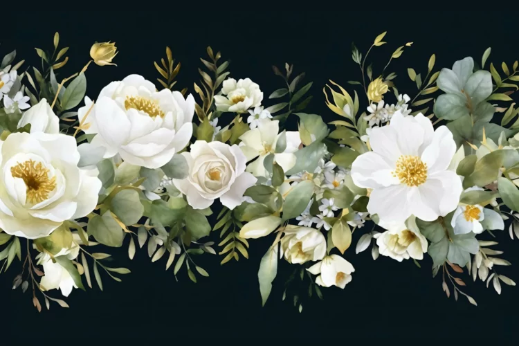 Watercolor Floral Background with White Flowers on Dark BG