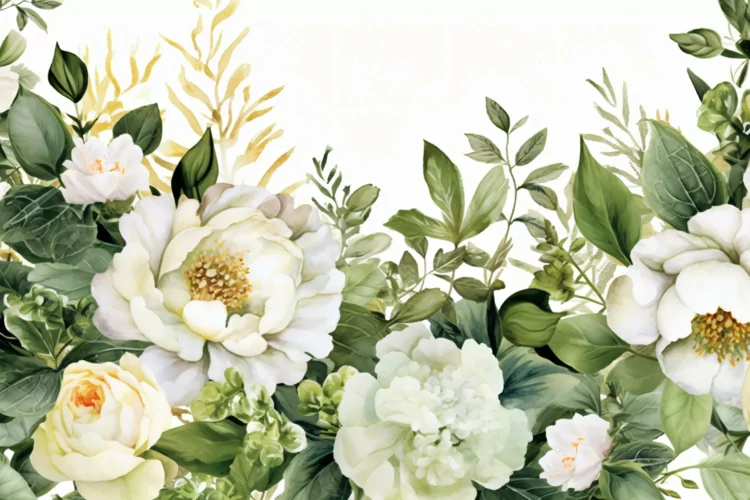 Watercolor Floral Background with White Flowers on White BG