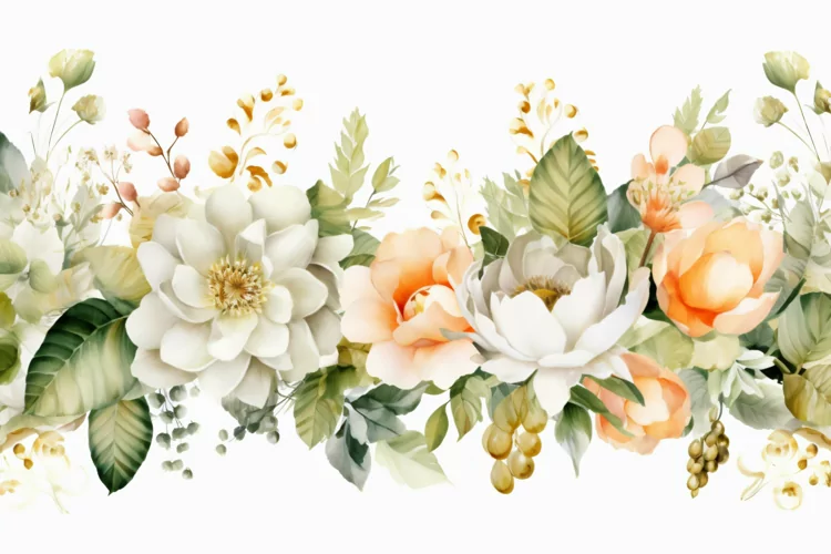 Watercolor Floral Background with White Flowers on White BG