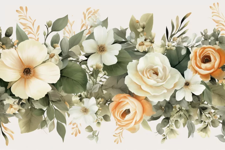 Watercolor Floral Background with White Flowers on White BG