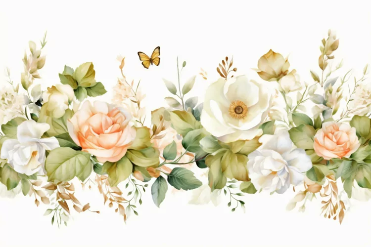 Watercolor Floral Background with White Flowers on White BG