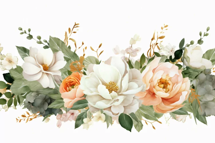 Watercolor Floral Background with White Flowers on White BG