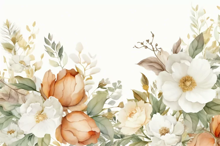 Watercolor Floral Background with White Flowers on White BG