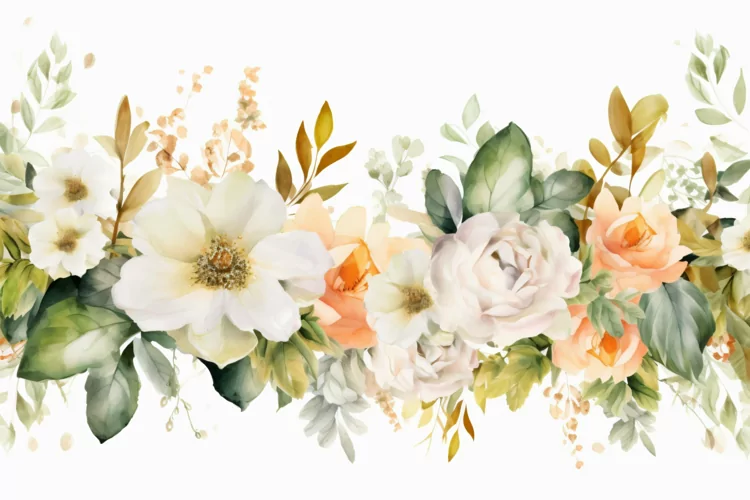 Watercolor Floral Background with White Flowers on White BG