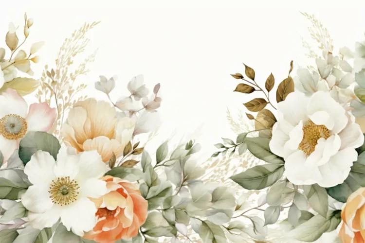 Watercolor Floral Background with White Flowers on White BG