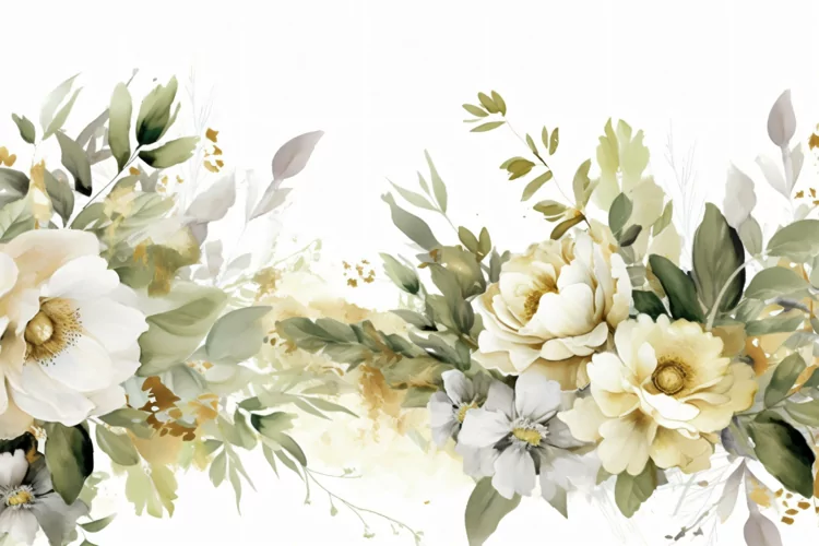 Watercolor Floral Background with White Flowers on White BG