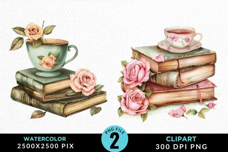 Watercolor Floral Book Illustration Clipart