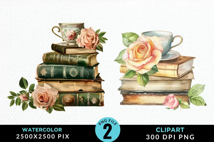 Watercolor Floral Book Illustration Clipart