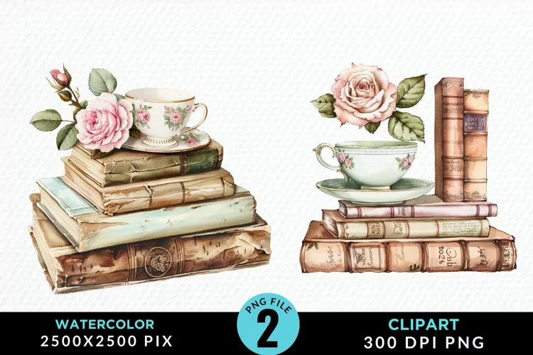 Watercolor Floral Book Illustration Clipart