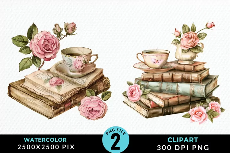 Watercolor Floral Book Illustration Clipart