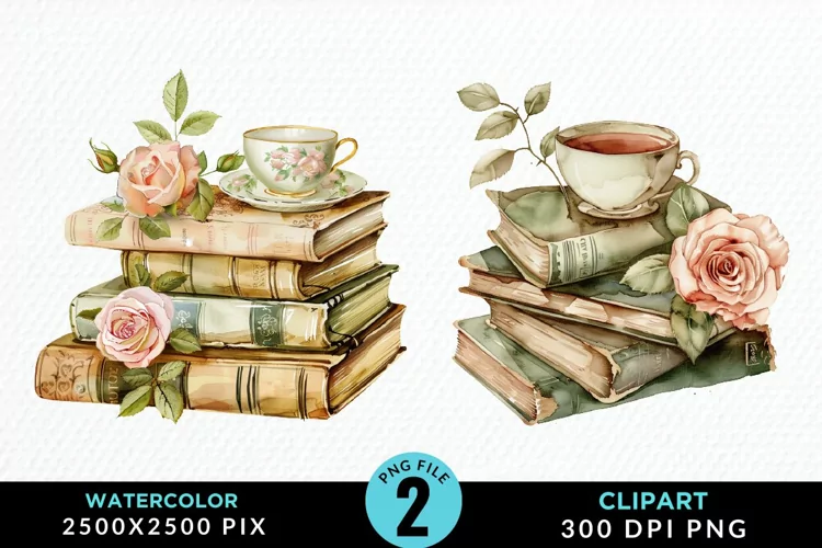 Watercolor Floral Book Illustration Clipart