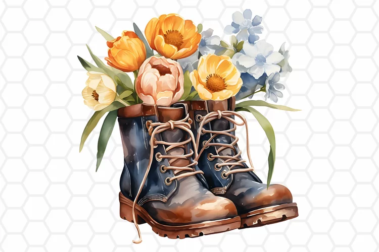 Watercolor Floral Boots Clipart - Floral PNG Design