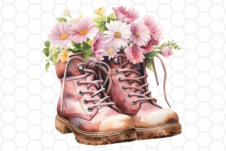 Watercolor Floral Boots Clipart - Floral PNG Design