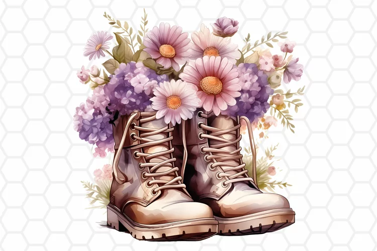 Watercolor Floral Boots Clipart - Floral PNG Design