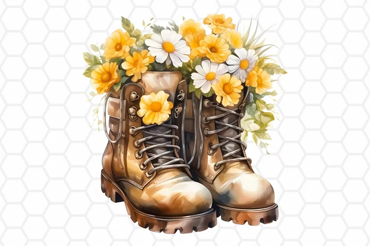 Watercolor Floral Boots Clipart - Floral PNG Design