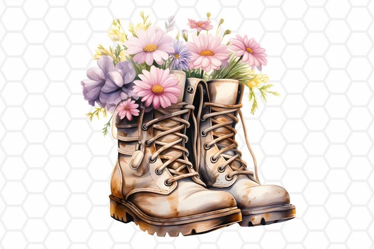 Watercolor Floral Boots Clipart - Floral PNG Design