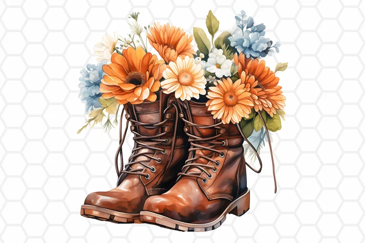 Watercolor Floral Boots Clipart - Floral PNG Design