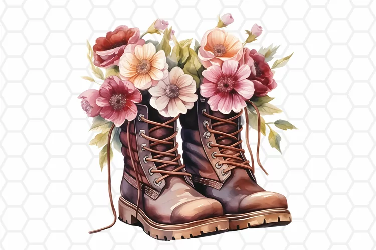 Watercolor Floral Boots Clipart - Floral PNG Design