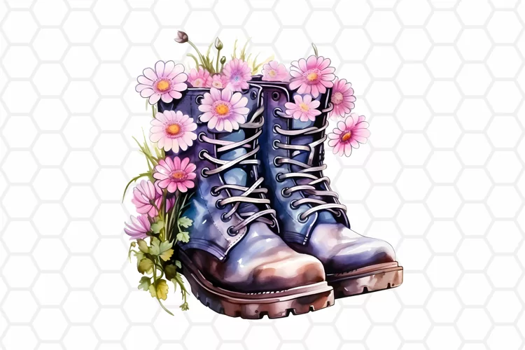 Watercolor Floral Boots Clipart, Sublimation PNG