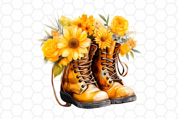Watercolor Floral Boots Clipart, Sublimation PNG