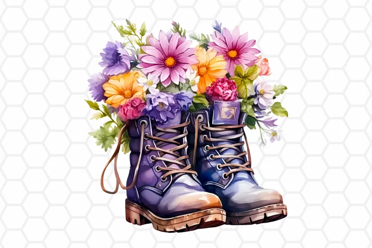 Watercolor Floral Boots Clipart, Sublimation PNG