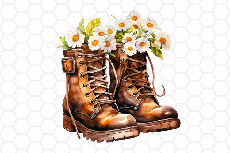 Watercolor Floral Boots Clipart, Sublimation PNG
