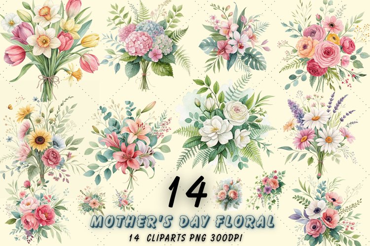 Watercolor Floral Bouquet Clipart Bundle, Mothers Day PNG