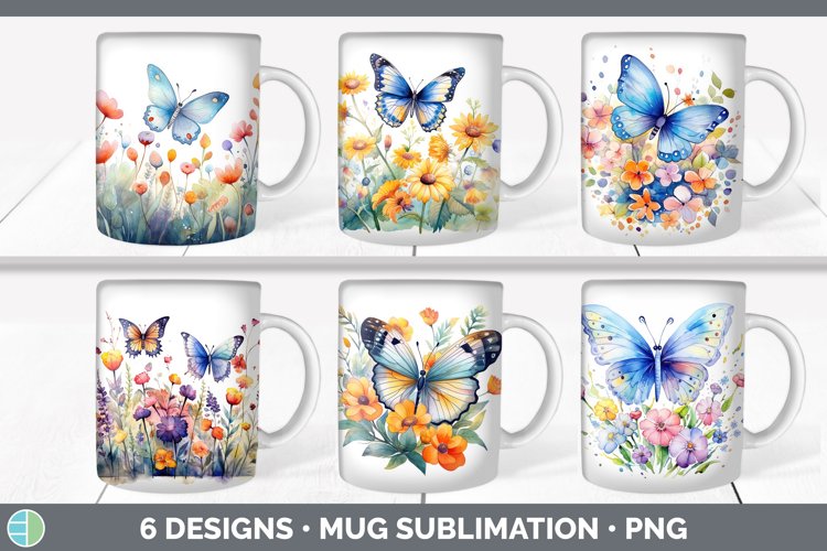 Watercolor Floral Butterflies Mug Wrap | Sublimation Coffee