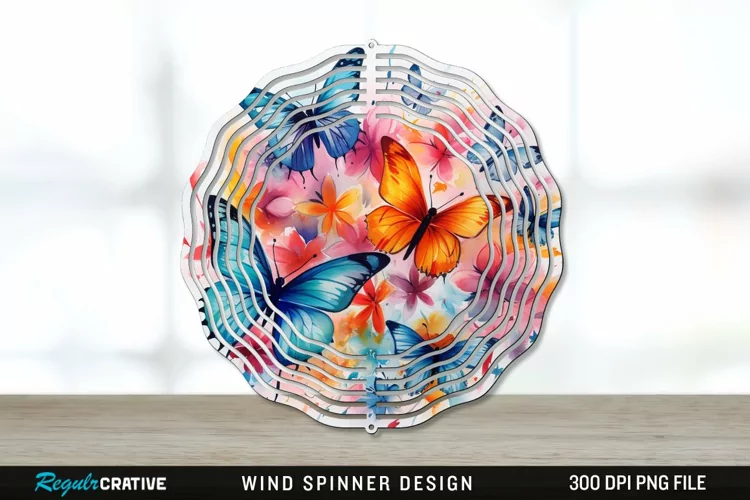 Watercolor Floral Butterflies Wind Spinner Sublimation PNG