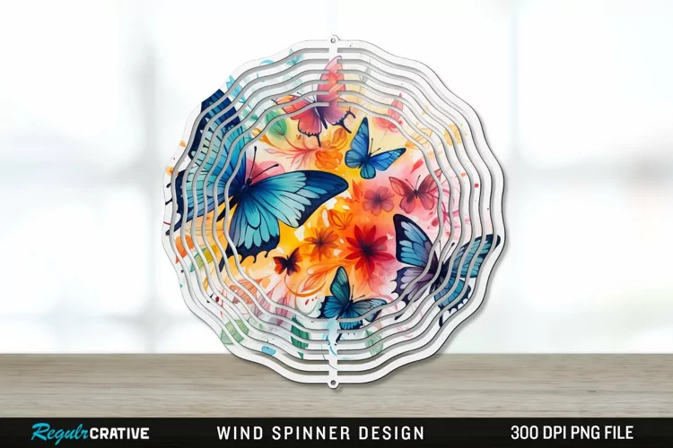 Watercolor Floral Butterflies Wind Spinner Sublimation PNG