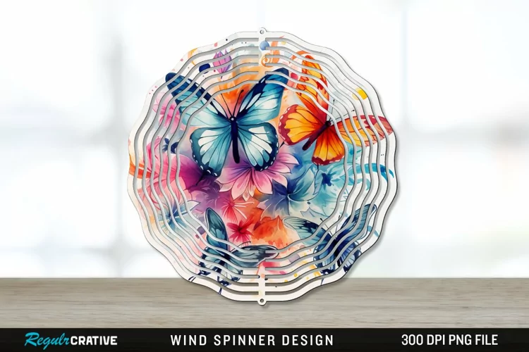 Watercolor Floral Butterflies Wind Spinner Sublimation PNG