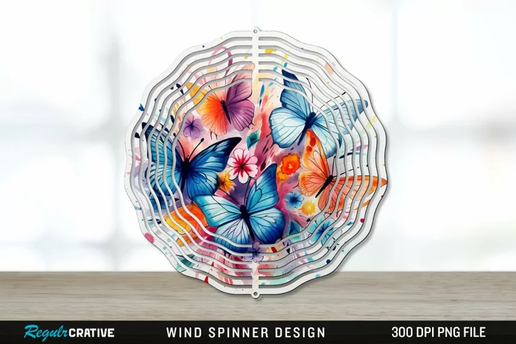 Watercolor Floral Butterflies Wind Spinner Sublimation PNG