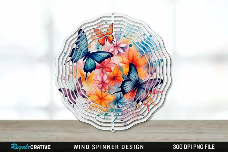Watercolor Floral Butterflies Wind Spinner Sublimation PNG