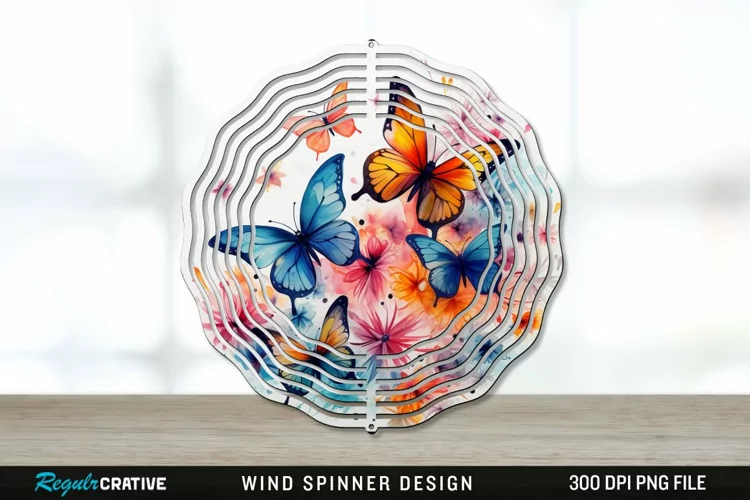 Watercolor Floral Butterflies Wind Spinner Sublimation PNG