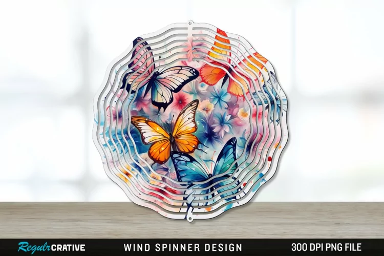 Watercolor Floral Butterflies Wind Spinner Sublimation PNG