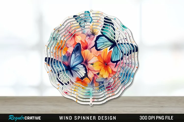 Watercolor Floral Butterflies Wind Spinner Sublimation PNG