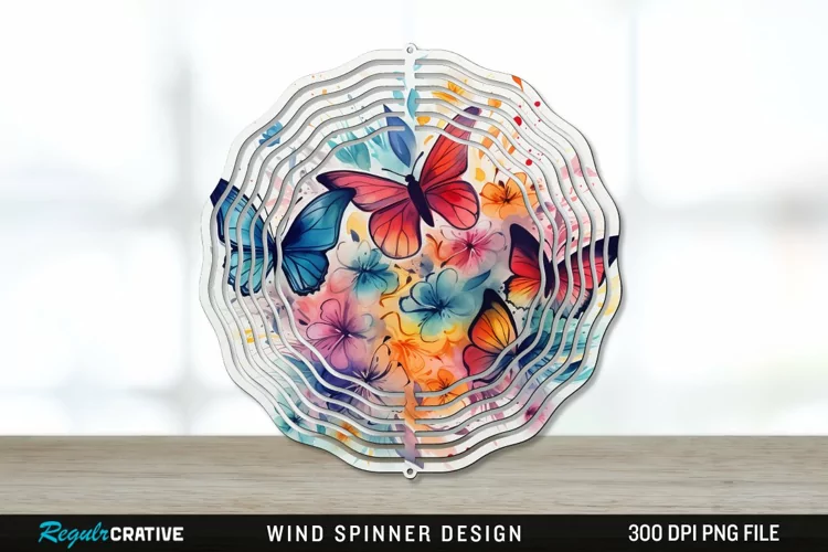 Watercolor Floral Butterflies Wind Spinner Sublimation PNG