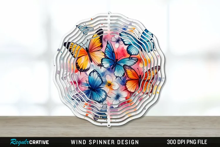 Watercolor Floral Butterflies Wind Spinner Sublimation PNG