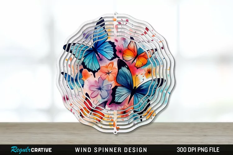 Watercolor Floral Butterflies Wind Spinner Sublimation PNG