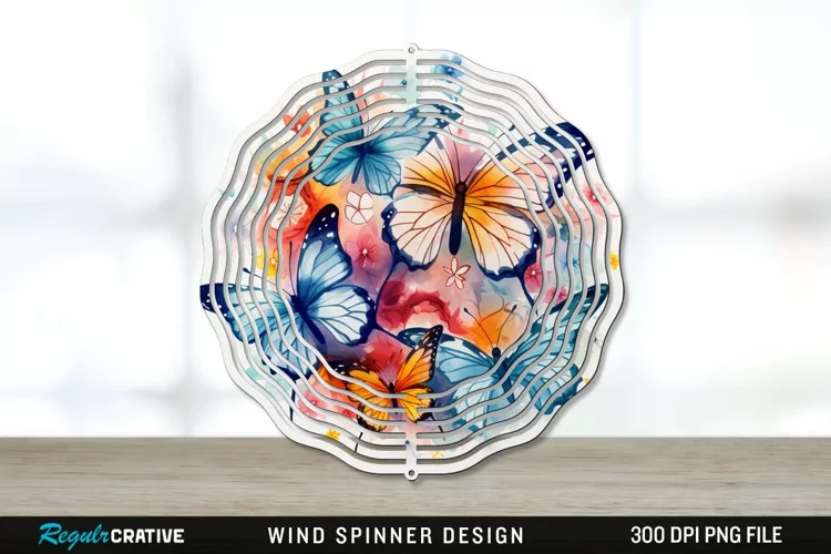 Watercolor Floral Butterflies Wind Spinner Sublimation PNG