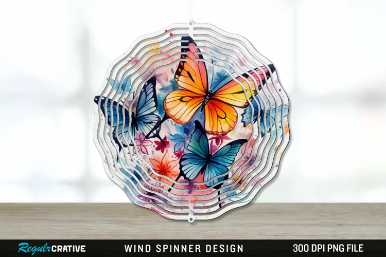 Watercolor Floral Butterflies Wind Spinner Sublimation PNG