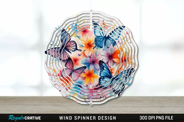 Watercolor Floral Butterflies Wind Spinner Sublimation PNG