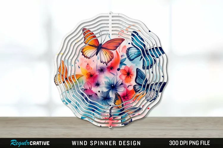 Watercolor Floral Butterflies Wind Spinner Sublimation PNG