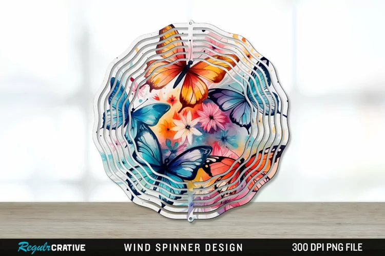 Watercolor Floral Butterflies Wind Spinner Sublimation PNG